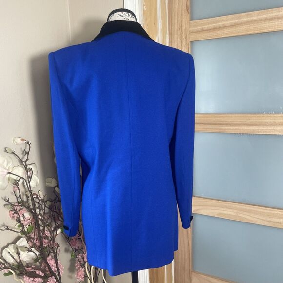 SUITSME Wool Blend Blazer Womens 12 Blue Velvet Collar Vintage Career Jacket - Picture 5 of 9